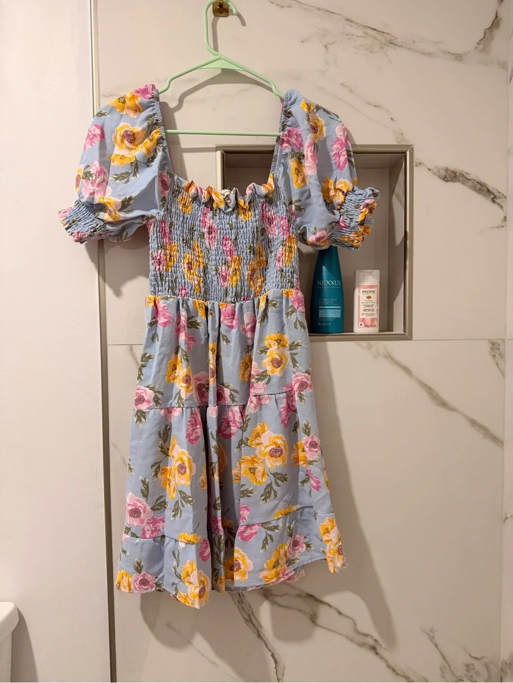 Girls Blue Floral Puff-Sleeve Dress
